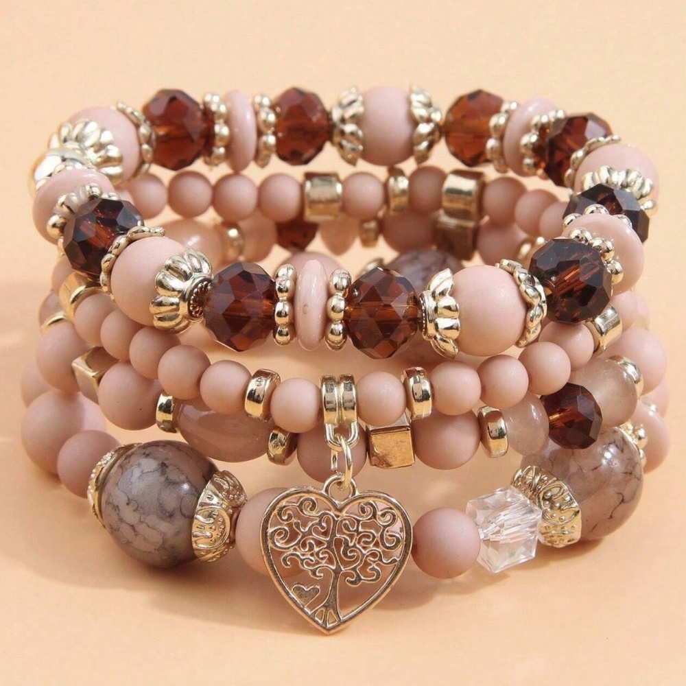 Tree of Life Heart Bead Bracelet Set